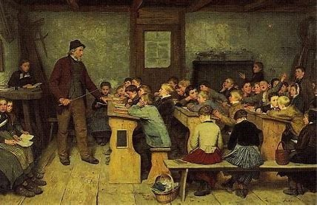 Skolen i Præstø havde kun langbænke og et langt bord. 
© Fra Hoven Museum.